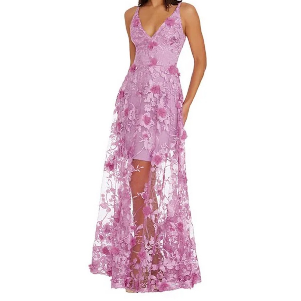 Dress the Population deep v neck 3d lace gown